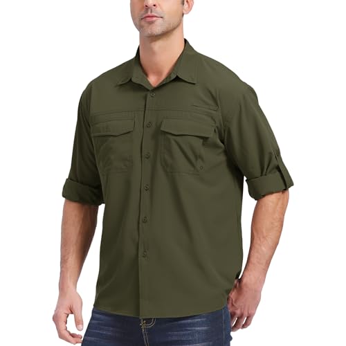 Faysfad Men's Long Sleeve UV Protection Safari Shirt Button Down Quick Drying Shirt for Outdoor Walking Hiking Fishing Golfing(5051,Olive Green,M)