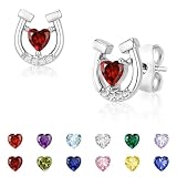 Miss Chipmunk Pendientes de tuerca de herradura para mujeres y niñas, plata de ley 925 con forma de corazón y piedra natal de cristal, joyería de buena suerte, regalos de cumpleaños para ecuestres y