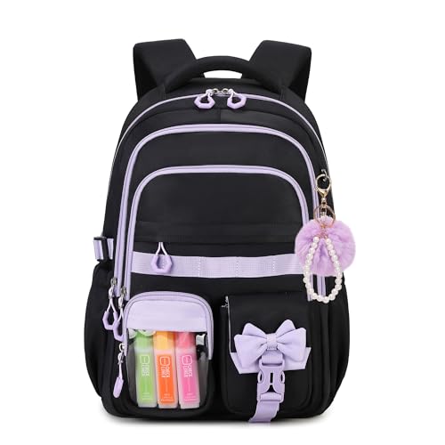 QIXIHU Girls Backpack 17-Inch Bookbag for Middle & Elementary School Kawaii Kids Backpack for Girls Ages 6-12(Black Purple)