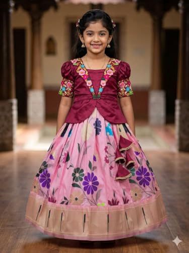Image of White Button Girls South Indian Pattu Pavadai | Traditional Digital Print Satin Lehenga Choli Set