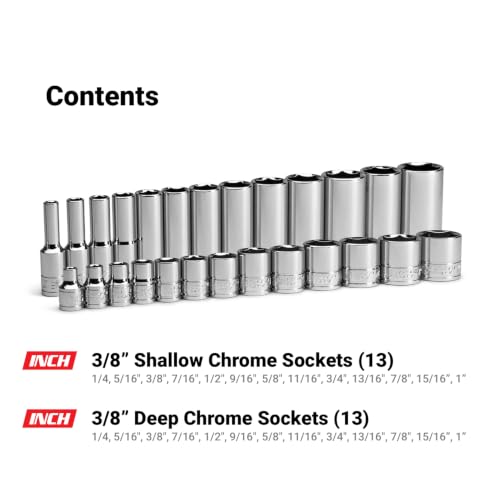 Image of Capri Tools 3 /8 in. Drive Shallow and Deep Chrome Sockets Set, SAE, 6-Point, 1 /4 to 1-Inch, 26-Piece