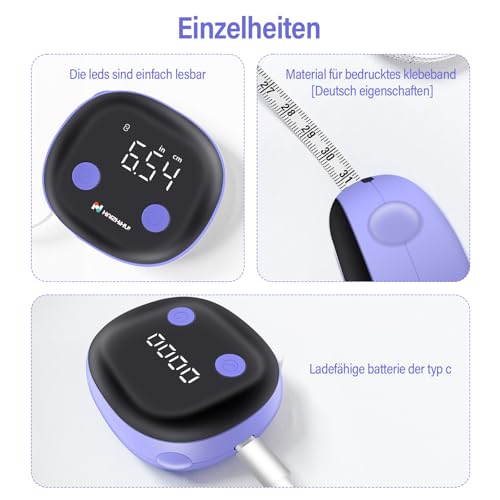 Fitdays Smartes Körpermaßband mit Bluetooth & LED-Bildschirm | Körperfett-BMI-Messung + App-Tracking für Fitness/Abnehmen | Automatisch Einziehbar & Tragbar (Lila)