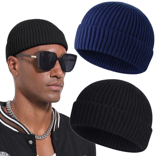 PHILIGHTS 2PCS Swag Wool Short Fisherman Beanie for Men Women, Knit Cuff Warm Winter Hats, Soft...