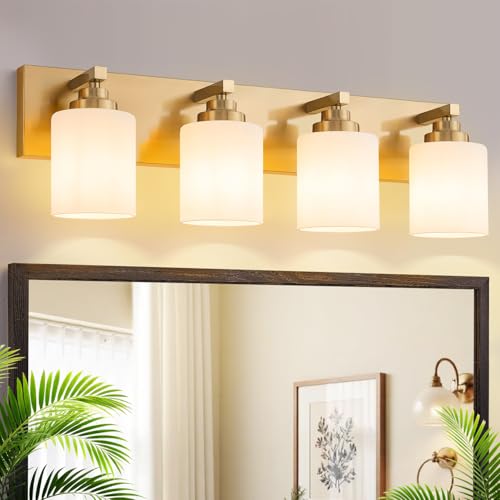 Image of Vanity Lights for Bathroom, 4-Light Brushed Gold Bathroom Vanity Light Over Mirror with Milky White Glass Shades, Modern Bathroom Light Fixtures for Living Room Hallway Cabinet (Bulbs Not Included)