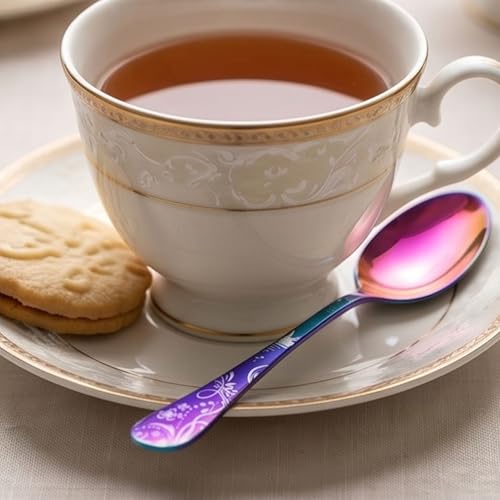 Image of 8 inch Rainbow Silverware Dinner Spoons with Floral Printed Handle | 5-Piece Premium Stainless Steel Flatware Set | Dishwasher Safe Cutlery Set for Home, Restaurant & Gifting
