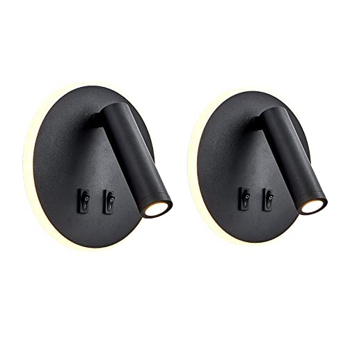 uksunvi LED Wall Mounted Lamp,Bedside Reading Wall Light,12W LED Wall Lamp, Adjustable Spotlight （3W +9W 3000K Warm Light） (2PCS Black Circular)