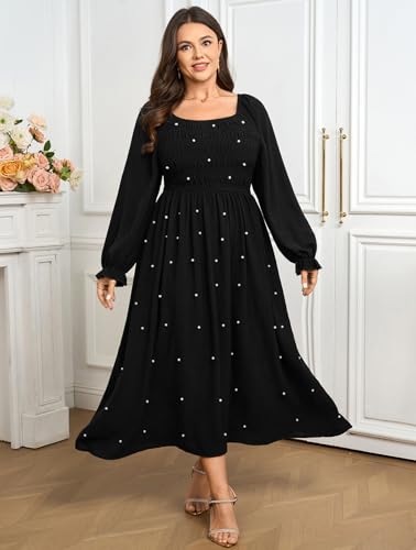 SCOMCHIC Women's Plus Size Maxi Dress Long Sleeve Pearl Square Neck Flowy A Line Wedding Guest Dresses3