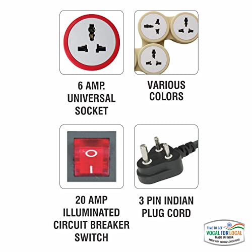 Image of MX Surge Protector & Spike Guard with 4 Universal Socket Master Switch Power Indicator Built-in Fuse with Circuit Breaker (6 Socket /Power Strip /Circuit Breaker /20Amp, 1.5 MTR)