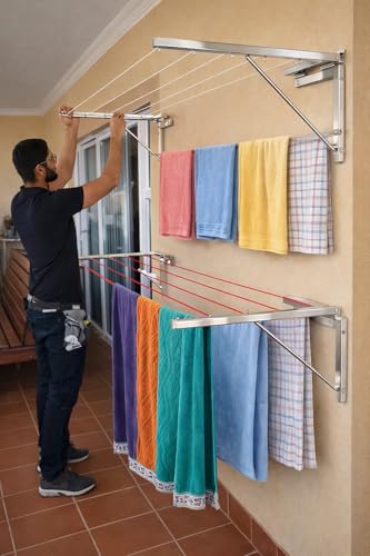 Image of Stainless Steel Heavy Duty Foldable Wall Mount Cloth Drying Stand-Wall Stand for Cloth Dress Drying-Cloth Dryer Stand for Balcony-Collapsible Stainless Steel Wall Mount Space Saving Cloth Drying Rack
