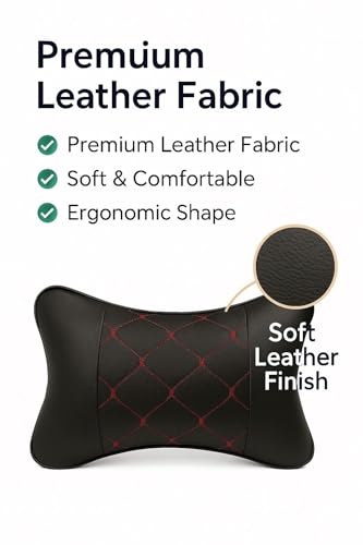 Image of Leather Soft car Neck Pillow for Travel, Travel Micro Fiber Rest Pillow /Cushion Set of Pillows Compatible with All Cars - Pack of 2 Pieces (Red Black)