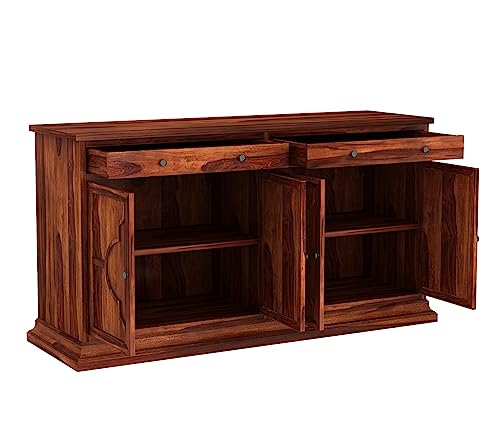 Image of SHIKHA WOOD CRAFT Solid Sheesham Wood Sideboard Cabinet with 2 Drawers and 4-Doors | Multipurpose Wooden Storage Organizer Furniture for Living Room, Kitchen, Crockery, and Bedroom (Honey Finish)