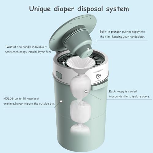 Image of Bellababy Diaper Pail, Upgrade Baby Diaper Bin with Double Odor Locking, Includes 4 Refills (270 inches /pcs), Compact Design for Nursery, Green