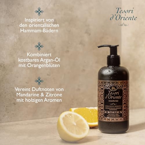 Tesori d'Oriente Flüssigseife Hammam | 300 ml | aromatische Handseife | Argan-Öl und Orangenblüte | flüssige Seife im Pumpspender zur sanften Reinigung | Wellness-Ritual für Körper & Sinne