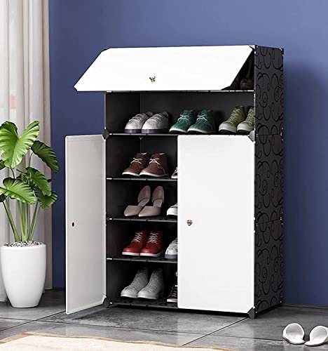 Image of Shoe Rack Multipurpose 5 Shelves Shoe Rack with Zip Door Cover & Side Pockets, Multiuse Wide Shelve,Rack for Footwear, Toys, Clothes (Black White, 6-Layer)