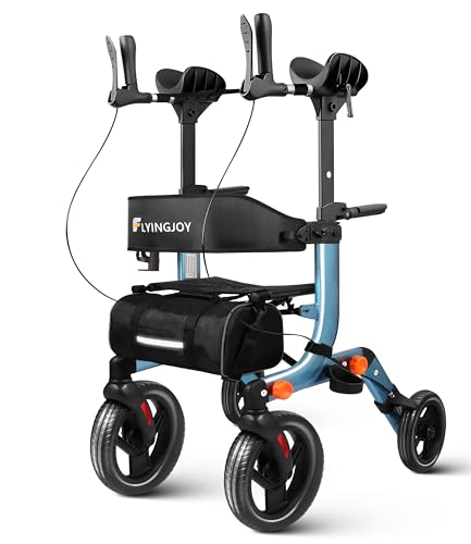 Lightweight Upright Rollator Walker All-Terrain Foldable with seat and Adjustable Height backrest 300 lbs Capacity 10 Front & 8 Rear Wheels for Seniors Adults bariatric Includes Cane Holders