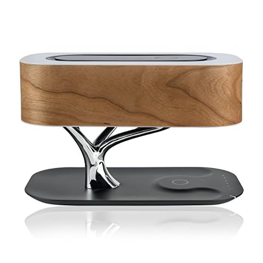 4smarts Smart-Bonsai-QI Station de Charge sans Fil & Lampe Enceinte - Élégante Lampe LED avec Chargeur à Induction Qi et Haut-Parleur Bluetooth Intégrés - Noir/Bois de Cerisier