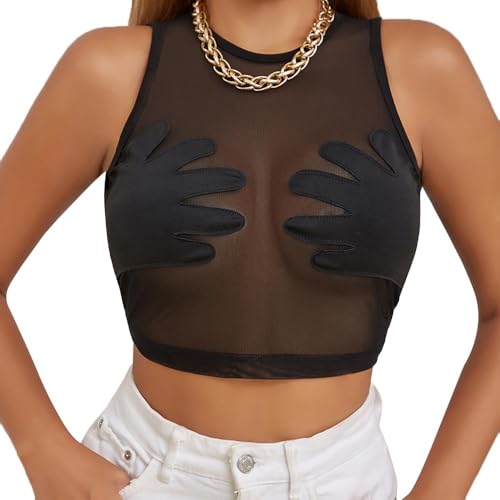 XFSRG Top de Mujer sin Mangas con Transparencias de Tul y Estampado de Mano Camiseta de Tirantes Creativa y de Moda Suave y Transpirable Ideal para Playa, Festival, Fiesta(S)