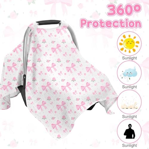 Baby Car Seat Cover, 100% Muslin Cotton Infant Car Seat Canopy Universal Carseat Cover Summer Breathable Sun Protector Canopies for Boys and Girls, Pink Bow — view 2
