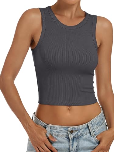 Image of ANRABESS Womens Crop Tank Tops High Neck Sleeveless Ribbed Knit Slim Fit Shirts 2026 Summer Casual Basic Workout Clothes