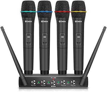 D Debra Audio AU400 Pro UHF 4 Channel Wireless Microphone System with Cordless Handheld Lavalier Headset Mics, Metal Receiver, Ideal for Karaoke Church Party (with 4 Handheld (A))