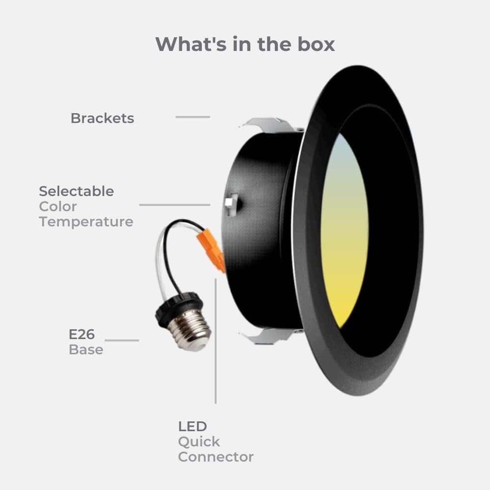 Four Bros 4 Inch Black LED Can Light, Black Recessed Lights, Dimmable, 10 Watt, Selectable Color Temperature 2700K Warm White / 4000K Cool White / 5000K Daylight (3CCT (27K, 40K, 50K), Pack of 4)
