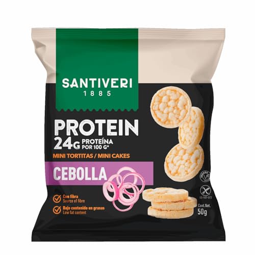 SANTIVERI - Mini Tortitas Protein Cebolla, Tortitas con 24 g de Proteína, Fibra y Aceite de Oliva, Ayuda a la Masa Muscular, Bajo Contenido en Grasas, Sin Gluten Ni Lactosa - 50 g