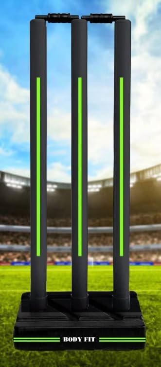 Image of Bodyfit Heavy Cricket Stumps | Plastic Wickets Set with 3 Stumps + 2 Bails + 1 Stand | Full Size Wickets for Cricket Ground, Tournament Wicket. (Black-FlorGreen)