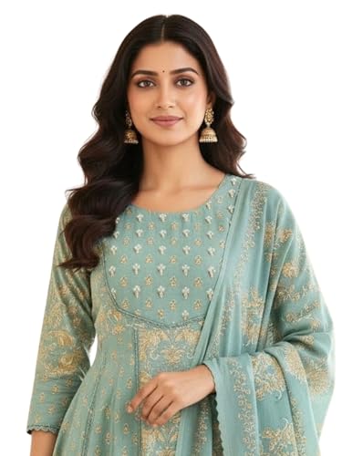 Image of Pure Cotton Anarkali Kurta Set for Women with Dupatta | 3 Piece Cotton Anarkali Suit | Floral Aari Work | Flared Ethnic Wear