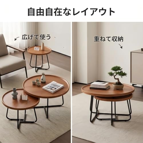 リビングテーブル セット 円形 2 個組 木目調 鉄脚 ネストテーブル 省スペース おしゃれ 北欧風 コーヒーテーブル サイドテーブル (大) [並行輸入品] [4]
