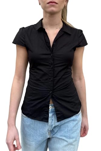 Image of Y2k Girls Vintage Coquette Button Down Shirt Women Short Sleeve V-Neck Slim Fitted T-Shirt Cute Blouse Crop Top