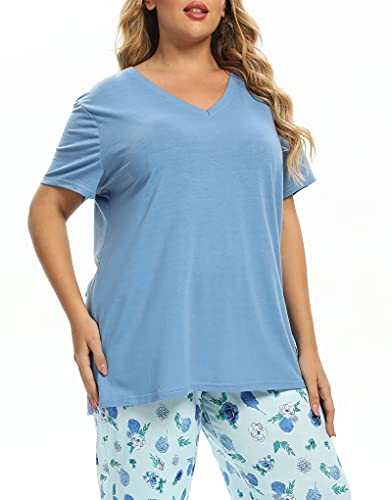 Vozanet Women's V Neck Sexy Pajama Sets Capri Sleepwear Floral Elegant Nighty 2Pcs Plus Size S-3Xl, Florals-Blue, Xxx-Large #TOP5