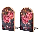 Two Glasses of Pink Gin Wooden Bookends Shelves 2 PCS Pink Gin with Muddled Berries Sturdy Book Holders Desktop Organizer for Home Office Libraries
