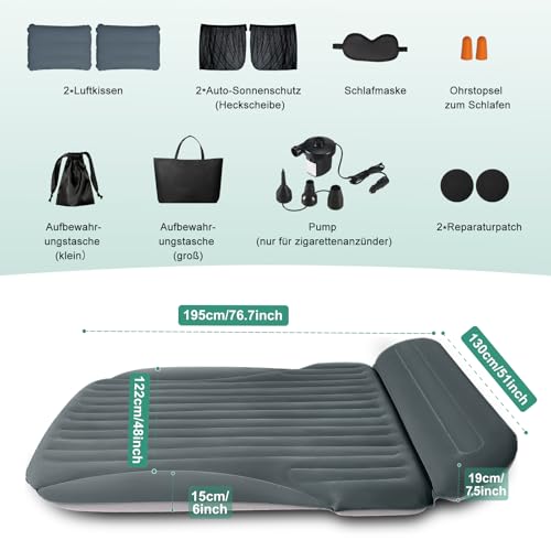 Ciremiv Car Auto Matratze mit dem Umfassendsten Auto Camping Schlafzubehör,Auslaufsichere, Bequeme, Langlebige Auto Luftmatratze,Luftbetten with Luftpumpe, für SUV Minivan MPV Road Trip Dachzelt