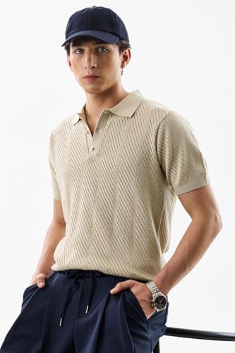 Image of SNITCH Men's Polo Shirt | Slim Fit Textured Knit Design | 100% Cotton Fabric & Breathable Material | Buttoned Closure & Straight Hemline | Casual & Streetwear