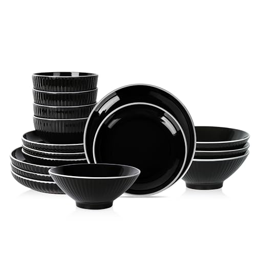 Image of Christian Siriano Lustra Modern 16-Piece Stoneware Dinnerware Set, Plates and Bowls Set, Dinner and Salad Plates, Ramen Bowls, Dishes for 4, Black