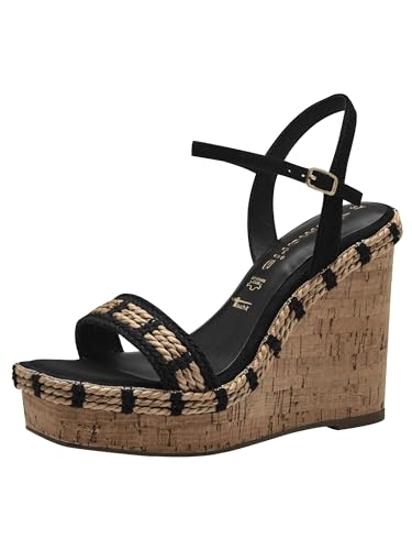 Tamaris Damen Plateau Sandalen Leder Keilabsatz Sommer; BLACK/schwarz; 39 EU