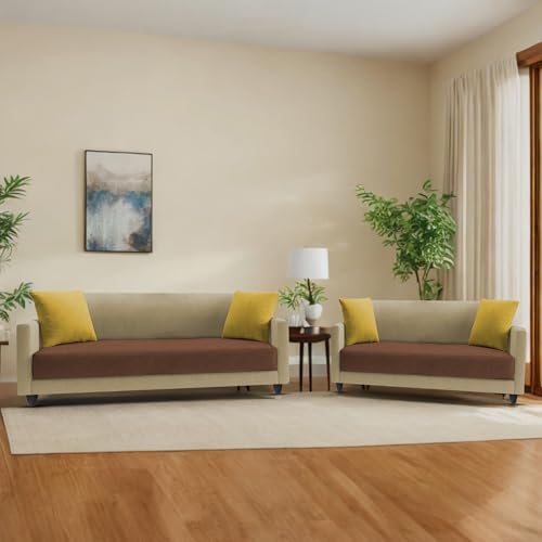 Image of Casaliving Dominic 3 + 2 Seater Sofa Set for Living Room (Cream Brown) Premium Fabric Sofa