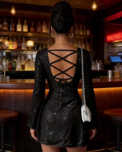 Image of Women Sparkle Sequins Mini Dress Sexy Tie Back Bodycon Dress Long Sleeve Shiny Evening Dresses Night Out Party Outfits