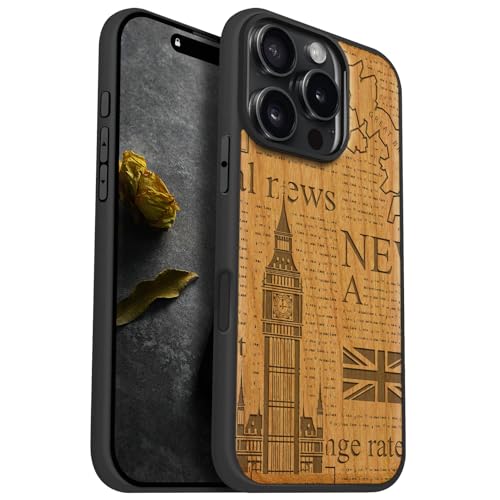 Carveit Magnetic Wood Case for iPhone 16 Pro Case [Solid Wood & Black Soft TPU] Shockproof Protective Cover Unique Wooden Case Compatible with magsafe (Big Ben and Union Jack -Cherry)