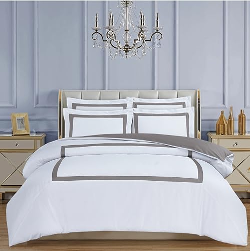 Majestic Giftware Madison Linen 8-Piece 48" Full Size Duvet Bedding Set (BL2-48F-8) | Province Hotel Collection-White-Taupe Tape 400 TC Cotton Sateen | 2 Fitted Sheets, 2 Duvets, 4 Pillowcases