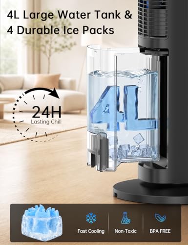 Image of 45 inch Swamp Cooler Air Conditioner, 25dB Ultra-Quiet Sleep Mode, 4L Dual Tank Cooling 24H, 120 Swing Windowless Air Conditioner for Bedroom, 12H Timer, 3 Speeds & 4Modes Evaporative Air Cooler