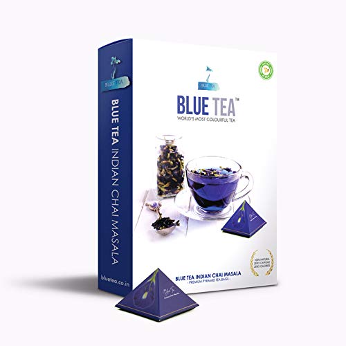 Blue Tea - Blue Tea Indian Chai Masala - Handcrafted 12 Pyramid Tea Bags (12 Cups) |Organic Dried Butterfly Pea Flower, Ginger, Cinnamon, Cardamom | For Gift - Anniversary, Birthday, Friendship | #TOP5