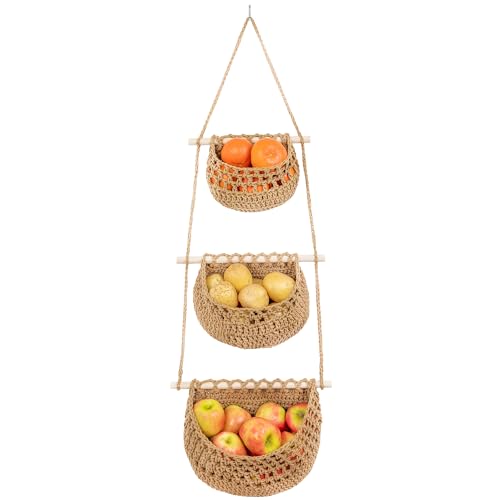 JMZ E Home Cotton Hanging Fruit Basket, 3 Tier Woven Wall Basket, Hanging storage baskets for Kitchen and Bathroom, Macrame Wall Hanging, Boho Decor Over The Door Organizer, Brown