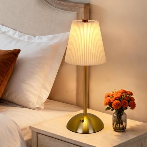 Rechargeable Lamp,3-Color Dimmable Cordless Table Lamp,Small LED Touch Lamps Bedside Table Lamp with Fabric Shade,Protable Wireless Battery Powered Desk Lamp for Bedroom Home Living Room,Xmas Gift