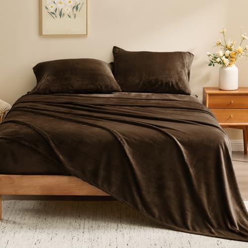 Image of BEDELITE Flannel Sheets Twin Size Brown - Super Soft Fleece Sheets Set Fluffy Extra Plush, 3 Piece(Include Fitted Sheet, Flat Sheet, 1 Pillowcase)