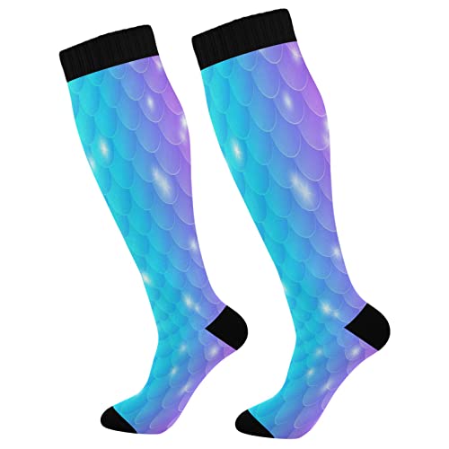 Wusikd Blue Purple Mermaid Compression Socks for Women and Men Circulation Color Scales Long Socks for Athletic Running 1