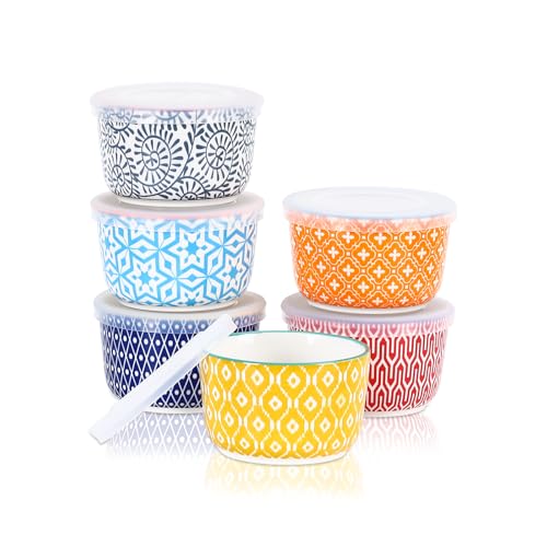 Selamica Ceramic Ramekins with Lids 10 OZ Creme Brulee Ramekins with Covers Oven Safe Custard Cups Small Baking Bowls for Souffle Pudding Onion Soup Dips Set of 6 Assorted Colors