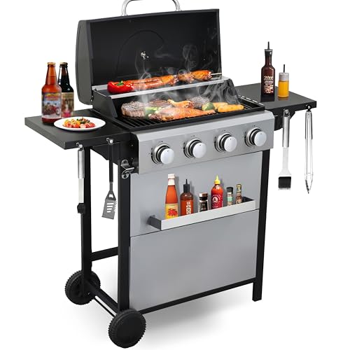 GRILL DEPOTS 4-Burner Propane Gas Grill, Stainless Steel Control Panel, Easy Ignition, Temperature Gauge, 2-Enameled Cooking Grids, Portable With Wheels For 34,200 BTU Outdoor Barbecue BBQ Grill