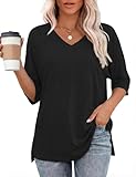 Totatuit Tunic Tops for Women Loose Fit Dressy Short Sleeve V Neck Blouses Polyester Tee Shirts Black S