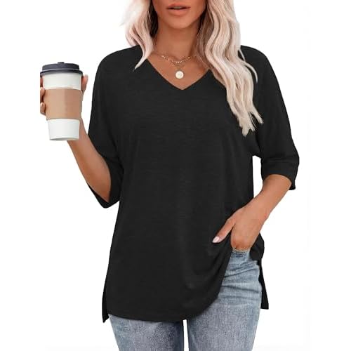 Totatuit Womens Oversized Tee Shirts Short Sleeve V Neck Blouse Side Slit Basic Tshirts Loose Fit Tunic Tops